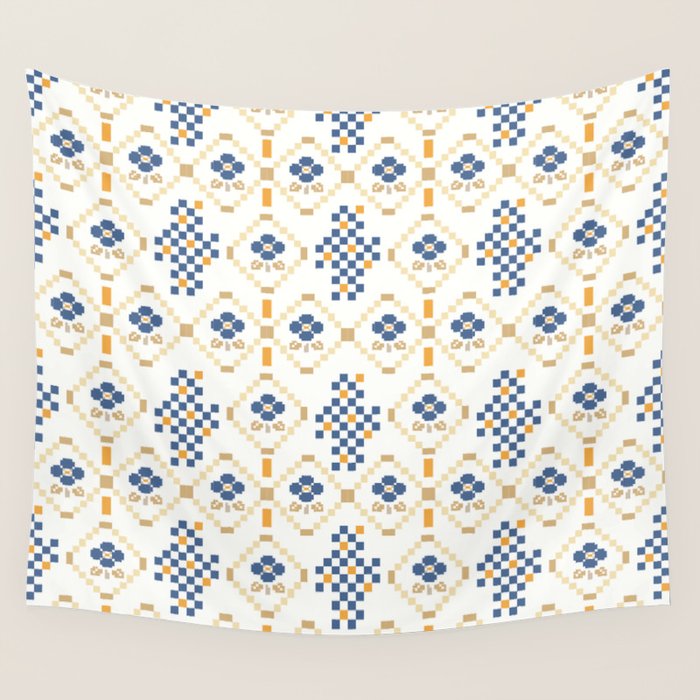 Scandinavian Geometric Floral Pattern  Nordic Folk Tile Design Blue and Mustard Modern Decor Wall Tapestry Gallery Image 1