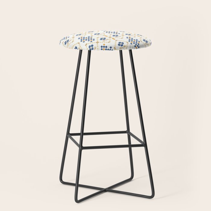Scandinavian Geometric Floral Pattern  Nordic Folk Tile Design Blue and Mustard Modern Decor Stool Gallery Image 1