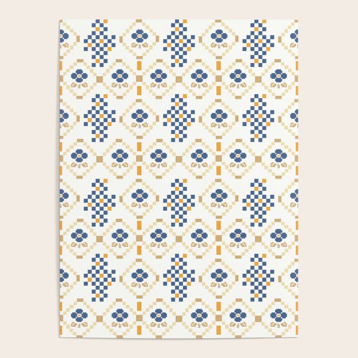 Scandinavian Geometric Floral Pattern  Nordic Folk Tile Design Blue and Mustard Modern Decor Poster Gallery Image 1