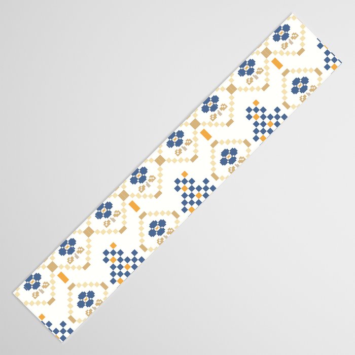 Scandinavian Geometric Floral Pattern  Nordic Folk Tile Design Blue and Mustard Modern Decor Table Runner Gallery Image 3