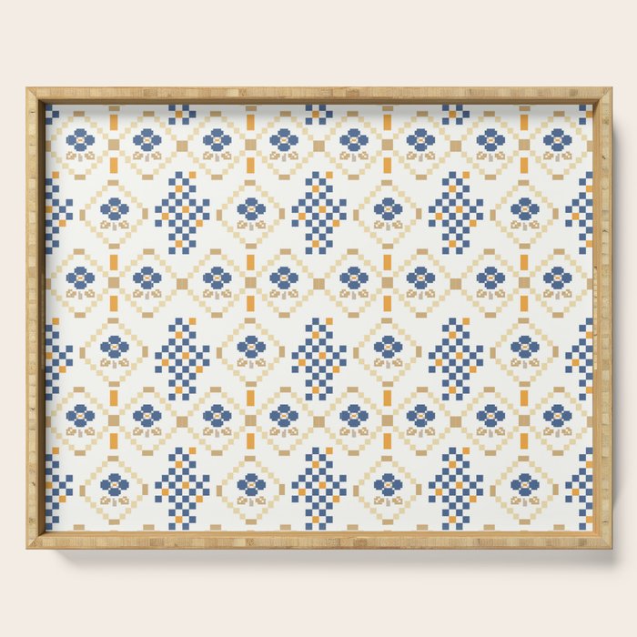 Scandinavian Geometric Floral Pattern  Nordic Folk Tile Design Blue and Mustard Modern Decor Serving Tray Gallery Image 1