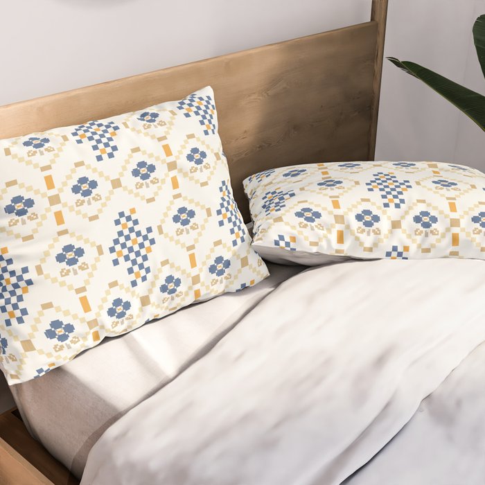 Scandinavian Geometric Floral Pattern  Nordic Folk Tile Design Blue and Mustard Modern Decor Pillow Sham Gallery Image 2