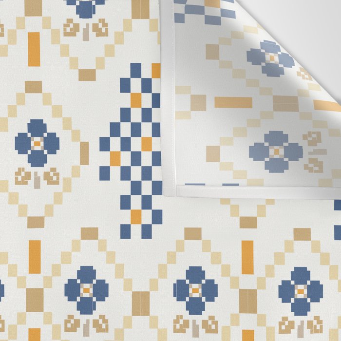 Scandinavian Geometric Floral Pattern  Nordic Folk Tile Design Blue and Mustard Modern Decor Wall Tapestry Gallery Image 3