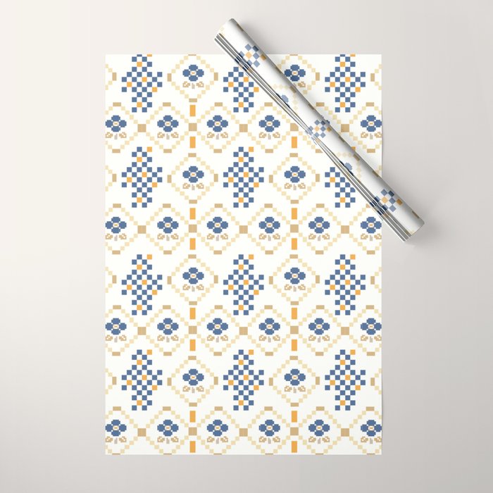 Scandinavian Geometric Floral Pattern  Nordic Folk Tile Design Blue and Mustard Modern Decor Wrapping Paper Gallery Image 1