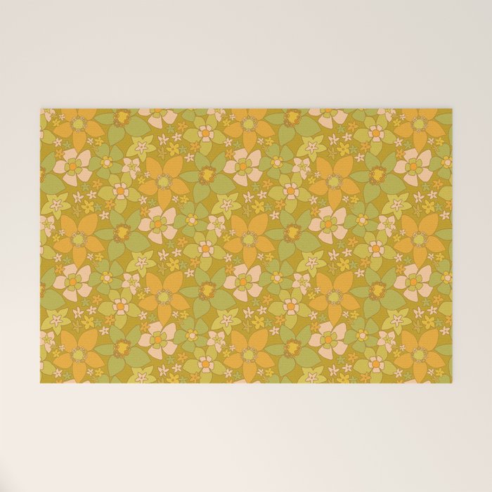 70s groovy retro floral pattern orange brown green handdrawn by surfy birdy  Welcome Mat Gallery Image 1