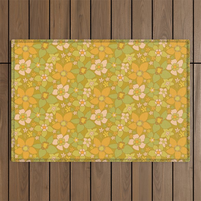 70s groovy retro floral pattern orange brown green handdrawn by surfy birdy  Outdoor Rug Gallery Image 1