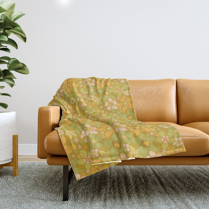 70s groovy retro floral pattern orange brown green handdrawn by surfy birdy  Throw Blanket Gallery Image 1