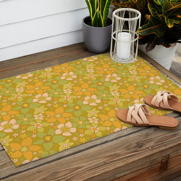 70s groovy retro floral pattern orange brown green handdrawn by surfy birdy  Outdoor Rug Gallery Image 2
