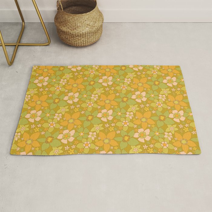 70s groovy retro floral pattern orange brown green handdrawn by surfy birdy  Rug Gallery Image 1