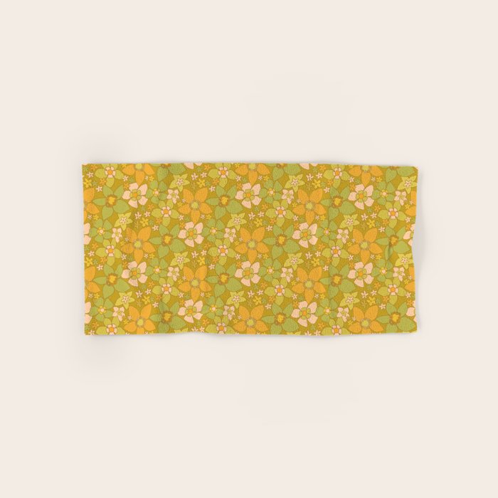 70s groovy retro floral pattern orange brown green handdrawn by surfy birdy  Bath Towel Gallery Image 1