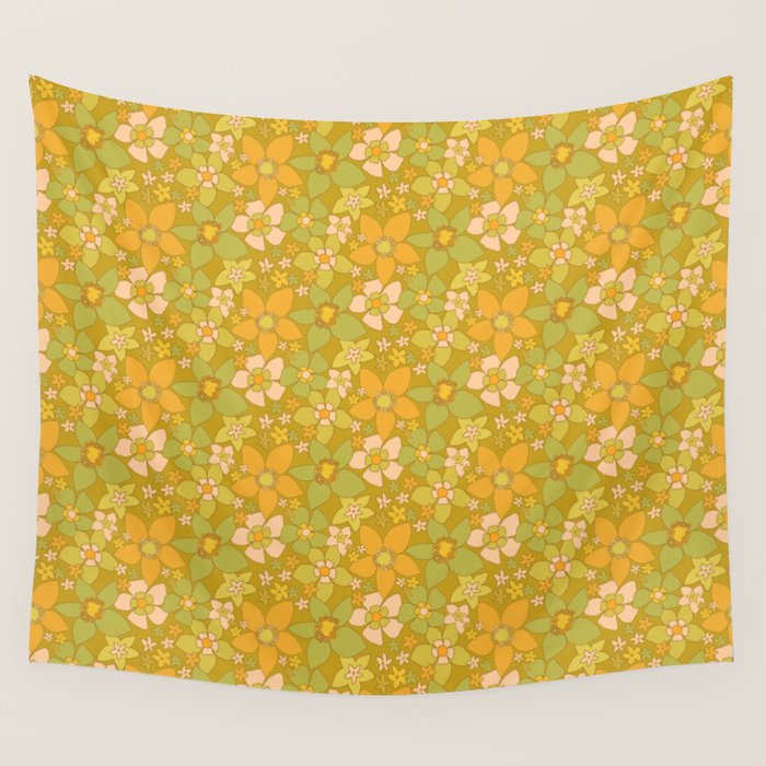 70s groovy retro floral pattern orange brown green handdrawn by surfy birdy  Wall Tapestry Gallery Image 4
