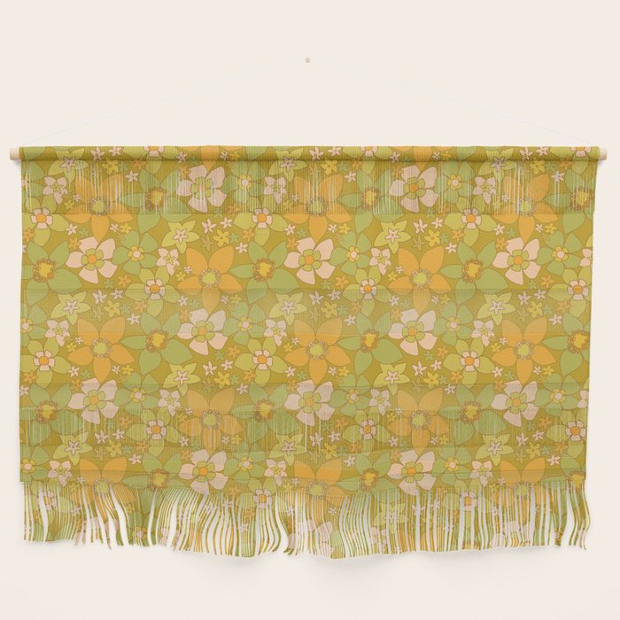 70s groovy retro floral pattern orange brown green handdrawn by surfy birdy  Wall Hanging Gallery Image 1
