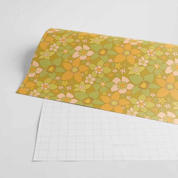 70s groovy retro floral pattern orange brown green handdrawn by surfy birdy  Wrapping Paper Gallery Image 2