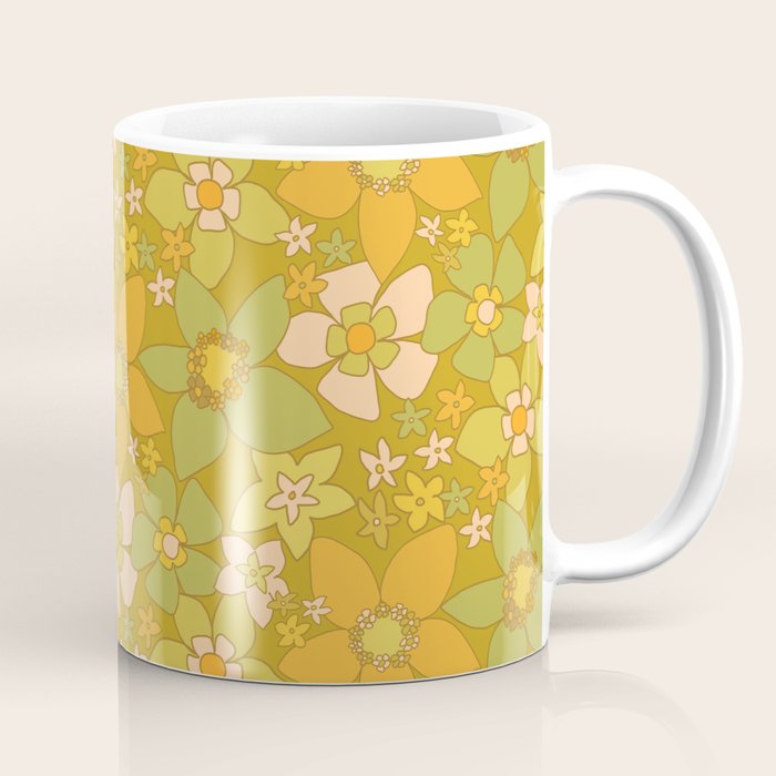 70s groovy retro floral pattern orange brown green handdrawn by surfy birdy  Coffee Mug Gallery Image 1
