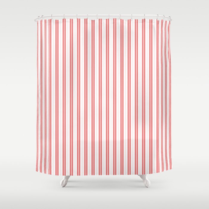 Apple Red and White Narrow Vintage Provincial French Chateau Ticking Stripe Shower Curtain Gallery Image 1