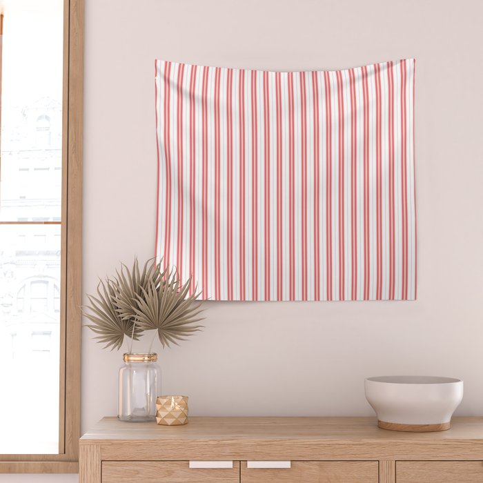 Apple Red and White Narrow Vintage Provincial French Chateau Ticking Stripe Wall Tapestry Gallery Image 2