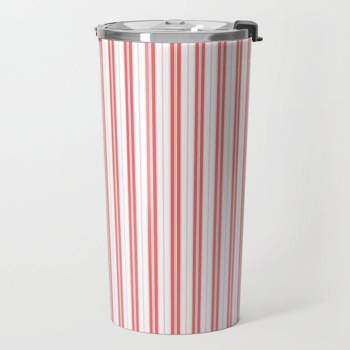 Apple Red and White Narrow Vintage Provincial French Chateau Ticking Stripe Travel Mug Gallery Image 2