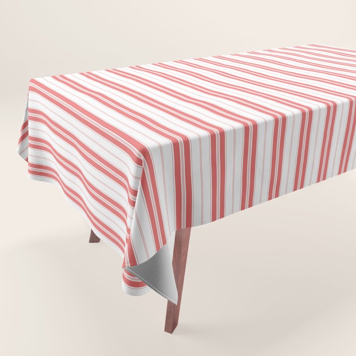 Apple Red and White Narrow Vintage Provincial French Chateau Ticking Stripe Tablecloth Gallery Image 1