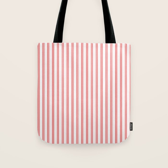 Apple Red and White Narrow Vintage Provincial French Chateau Ticking Stripe Tote Bag Gallery Image 1