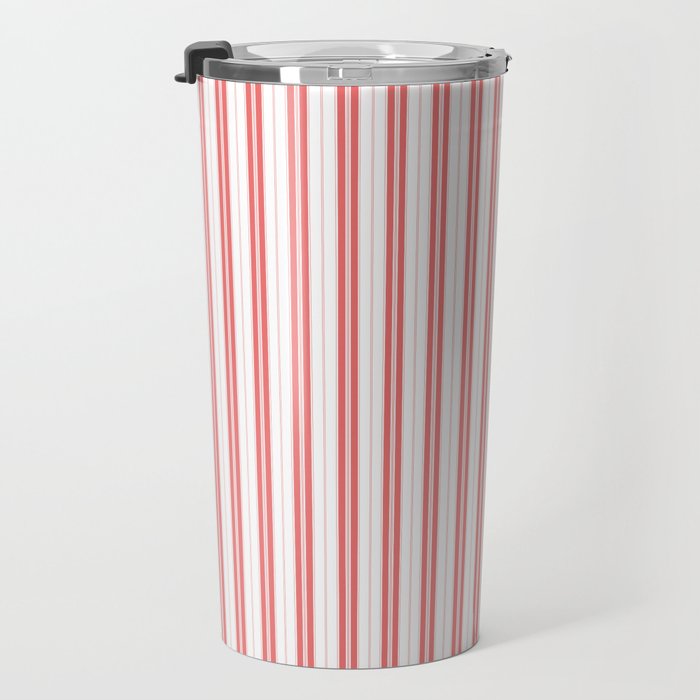 Apple Red and White Narrow Vintage Provincial French Chateau Ticking Stripe Travel Mug Gallery Image 3