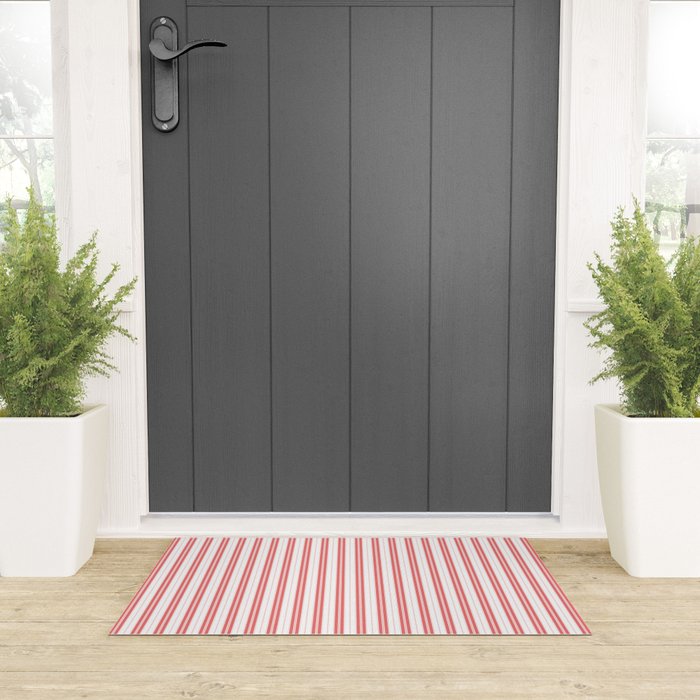 Apple Red and White Narrow Vintage Provincial French Chateau Ticking Stripe Welcome Mat Gallery Image 3