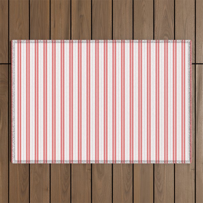 Apple Red and White Narrow Vintage Provincial French Chateau Ticking Stripe Outdoor Rug Gallery Image 1