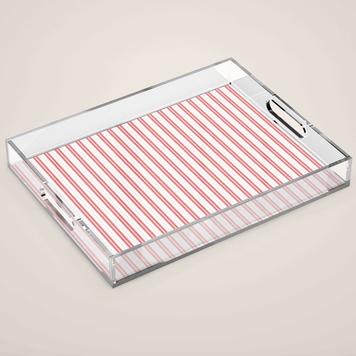 Apple Red and White Narrow Vintage Provincial French Chateau Ticking Stripe Acrylic Tray Gallery Image 1