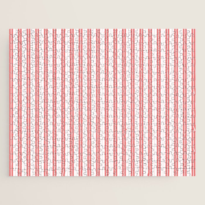 Apple Red and White Narrow Vintage Provincial French Chateau Ticking Stripe Jigsaw Puzzle Gallery Image 1