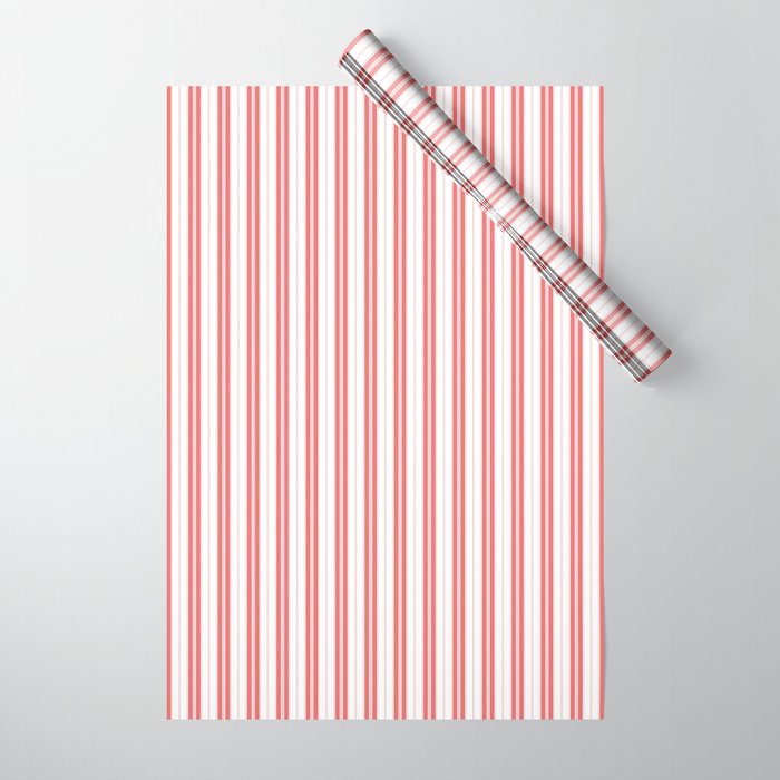 Apple Red and White Narrow Vintage Provincial French Chateau Ticking Stripe Wrapping Paper Gallery Image 1