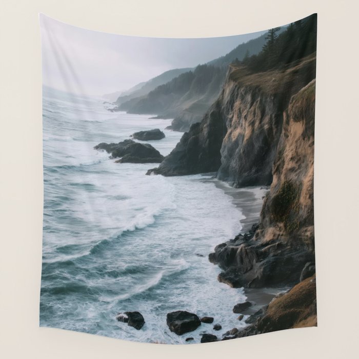 Waves Below Pines - Pacific Northwest Coast Wall Art Wall Tapestry Gallery Image 1
