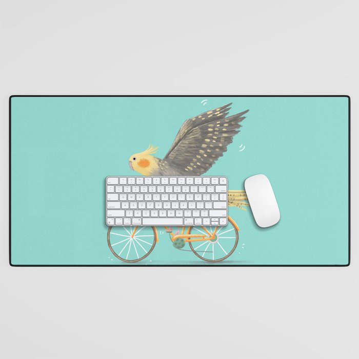 Cockatiel on a Bicycle Desk Mat Gallery Image 1