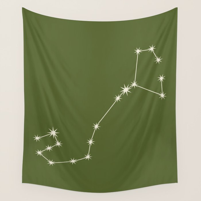 Scorpio Zodiac Star Constellation Line Art Olive Green Wall Tapestry Gallery Image 4
