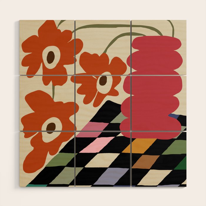 color checkerboard with dropping flower Wood Wall Art Gallery Image 1