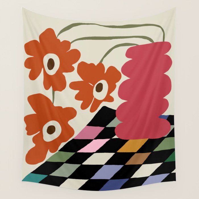 color checkerboard with dropping flower Wall Tapestry Gallery Image 1