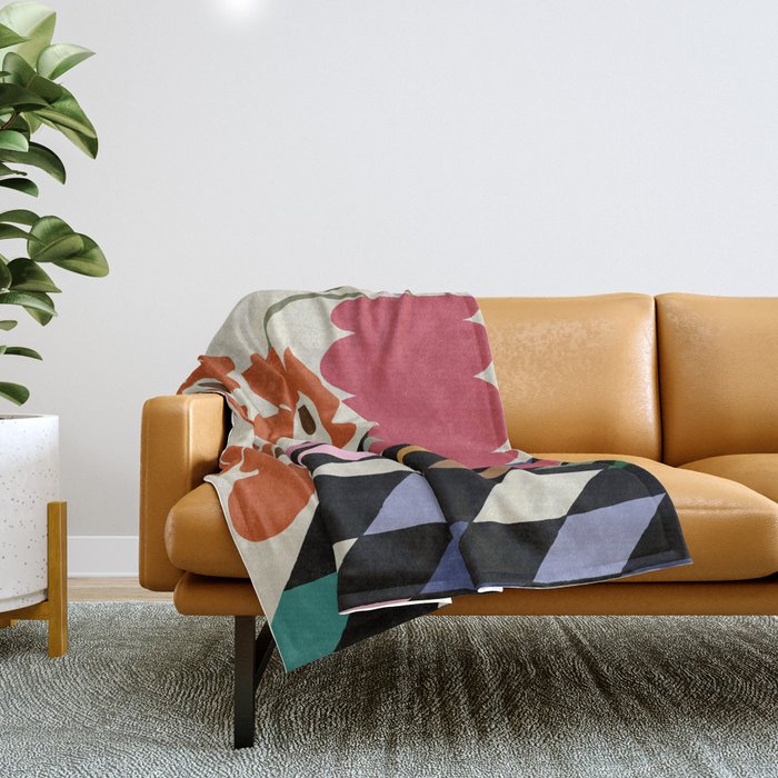 color checkerboard with dropping flower Throw Blanket Gallery Image 1