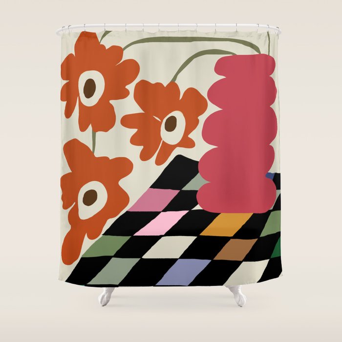color checkerboard with dropping flower Shower Curtain Gallery Image 1
