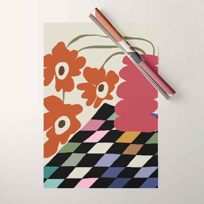 color checkerboard with dropping flower Wrapping Paper Gallery Image 1