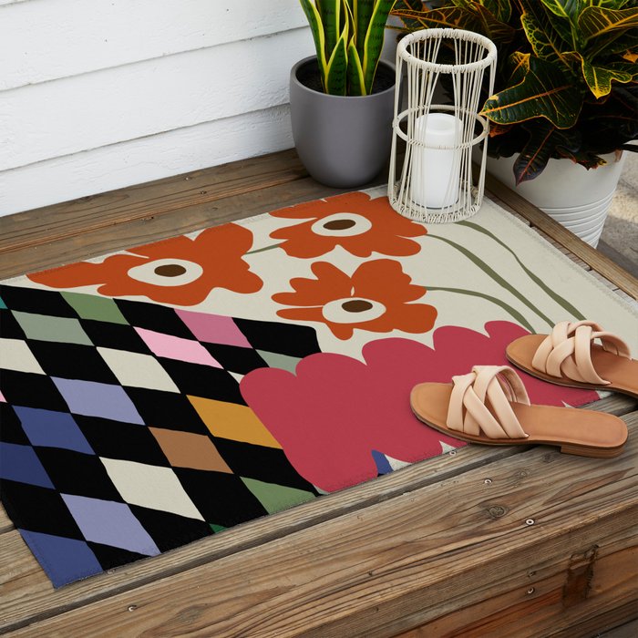 color checkerboard with dropping flower Outdoor Rug Gallery Image 2