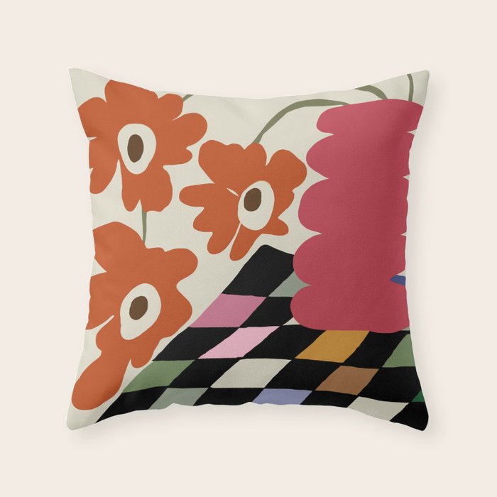 color checkerboard with dropping flower Throw Pillow Gallery Image 1
