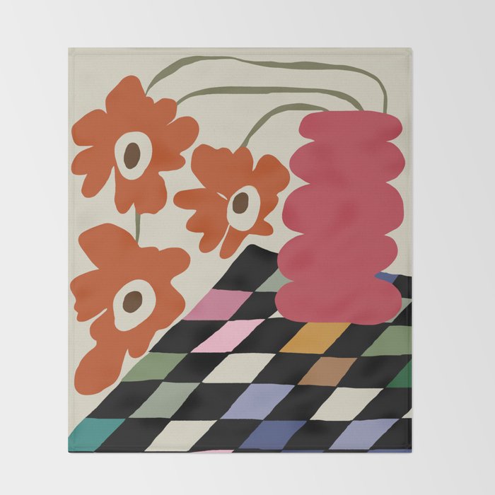 color checkerboard with dropping flower Throw Blanket Gallery Image 2