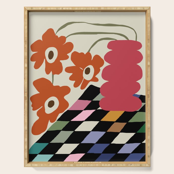 color checkerboard with dropping flower Serving Tray Gallery Image 1