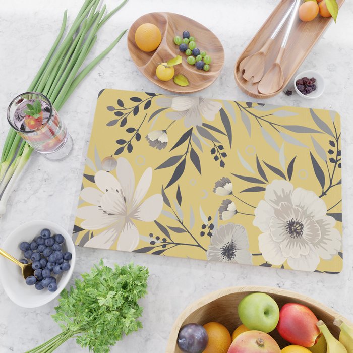 Modern, Floral Prints, Yellow and Gray Cutting Board Gallery Image 2