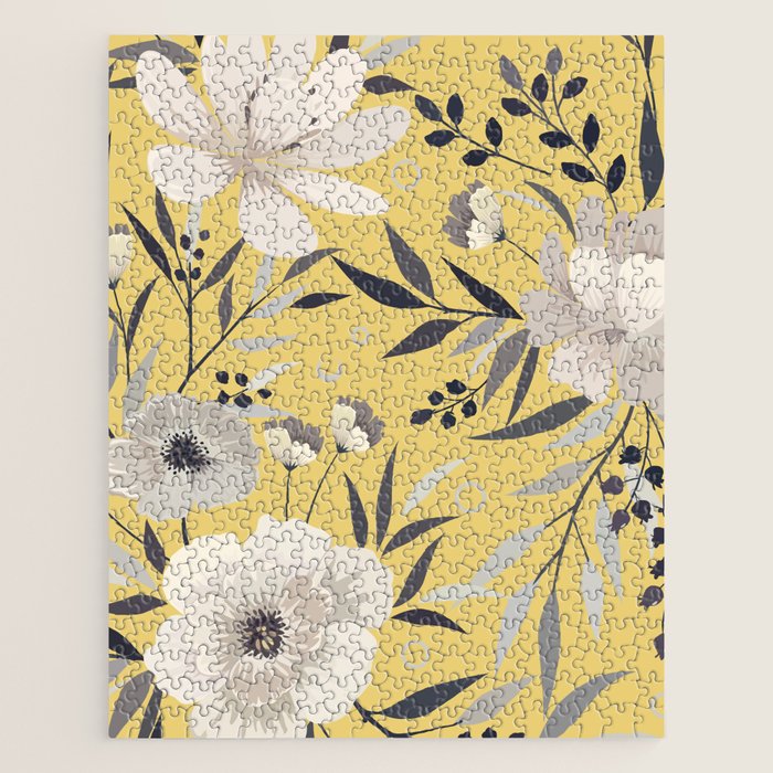 Modern, Floral Prints, Yellow and Gray Jigsaw Puzzle Gallery Image 1