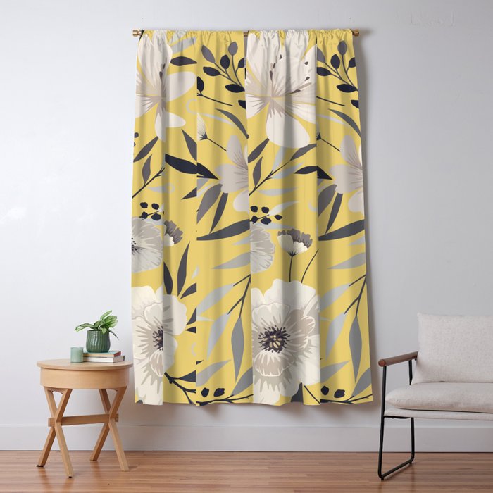 Modern, Floral Prints, Yellow and Gray Window Curtain Gallery Image 1
