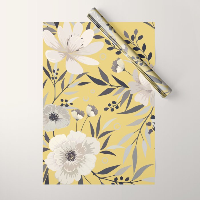Modern, Floral Prints, Yellow and Gray Wrapping Paper Gallery Image 1