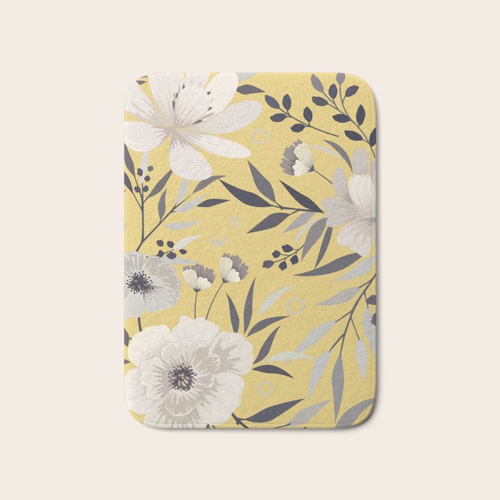 Modern, Floral Prints, Yellow and Gray Bath Mat Gallery Image 1