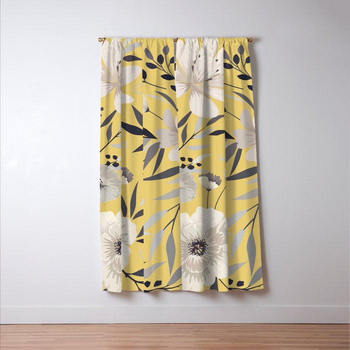 Modern, Floral Prints, Yellow and Gray Window Curtain Gallery Image 3