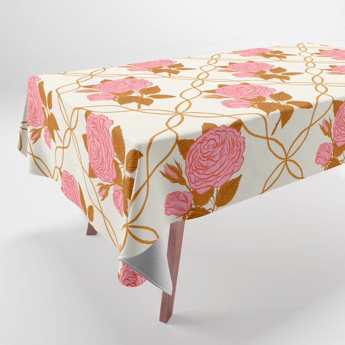 Vintage-Inspired Pink Rose Botanical Art Print Tablecloth Gallery Image 1