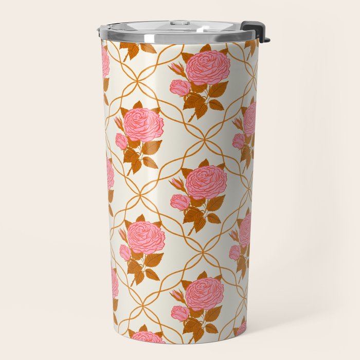 Vintage-Inspired Pink Rose Botanical Art Print Travel Mug Gallery Image 2