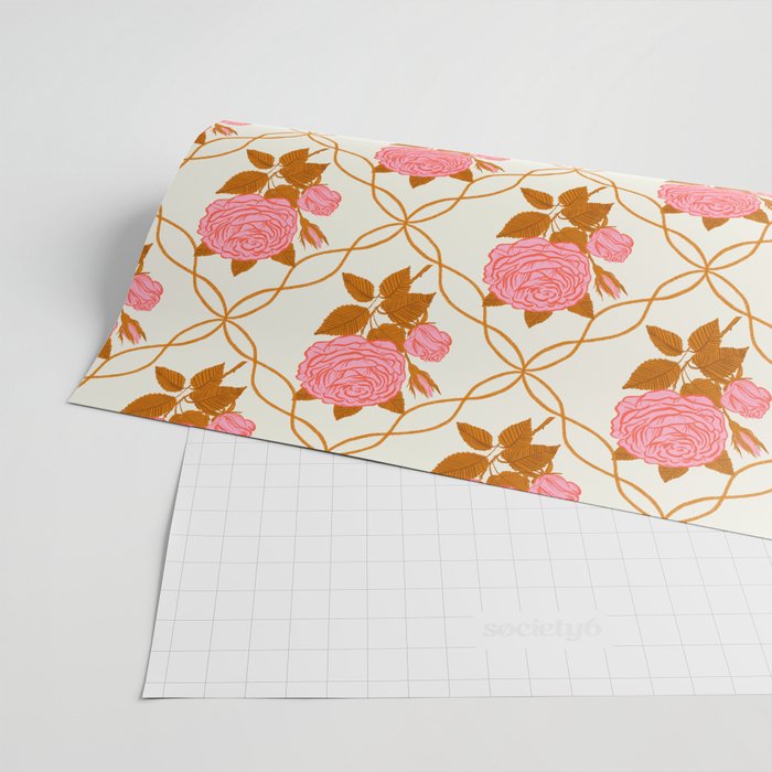Vintage-Inspired Pink Rose Botanical Art Print Wrapping Paper Gallery Image 2